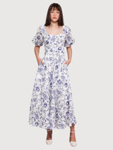Bluebell Midi Dress Blue Floral Print Linen | Balaquin