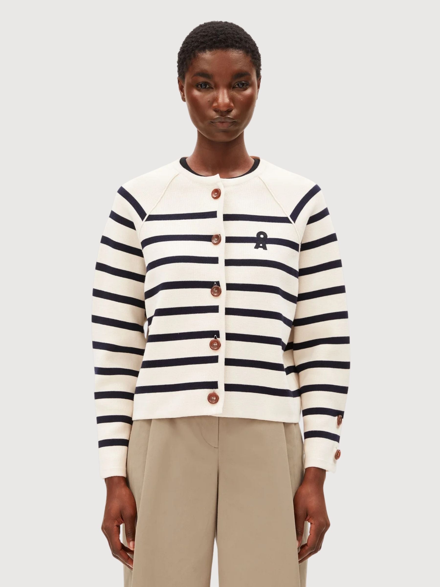 Cardigan Placed Stripe Knit Oatmilk | Armedangels
