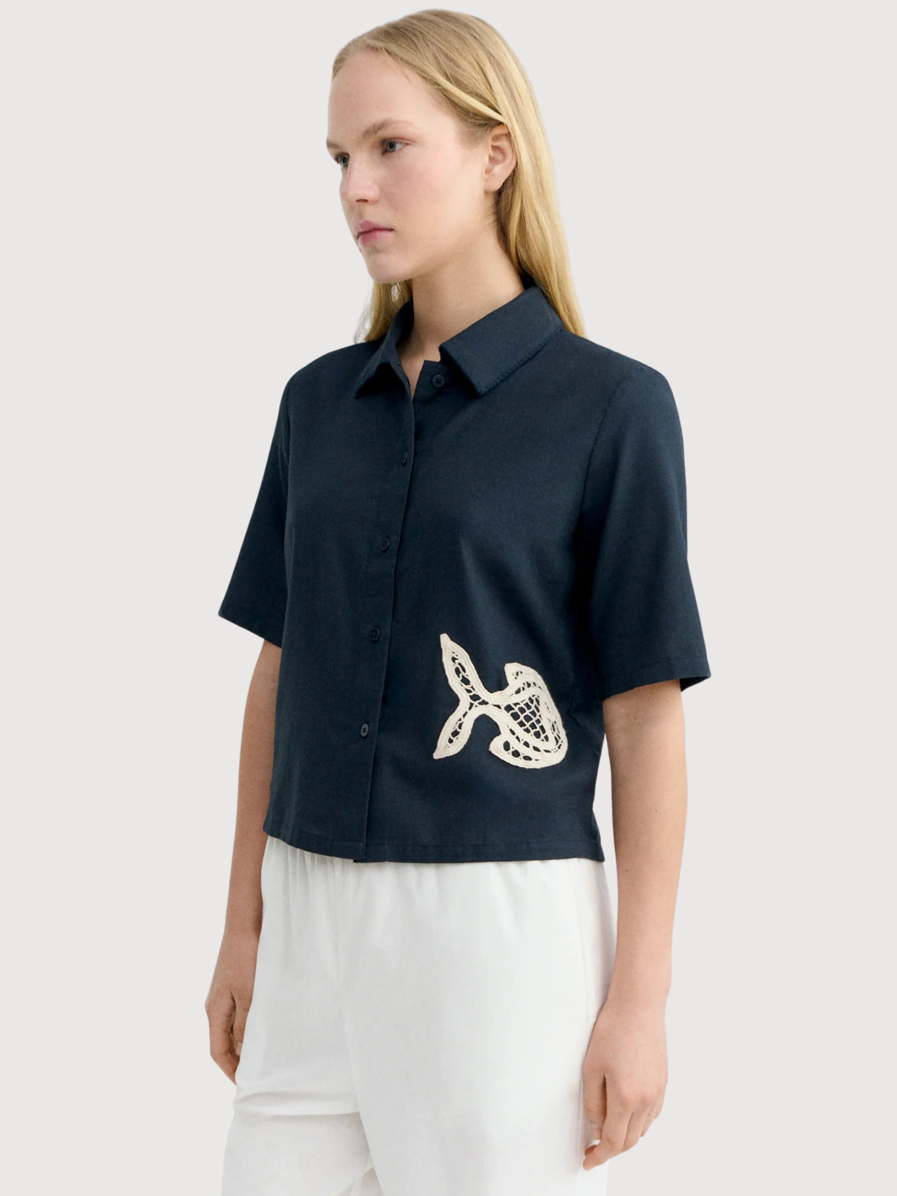 Bluse Fisch-Aufnäher Ane Navy Damen | Thinking Mu