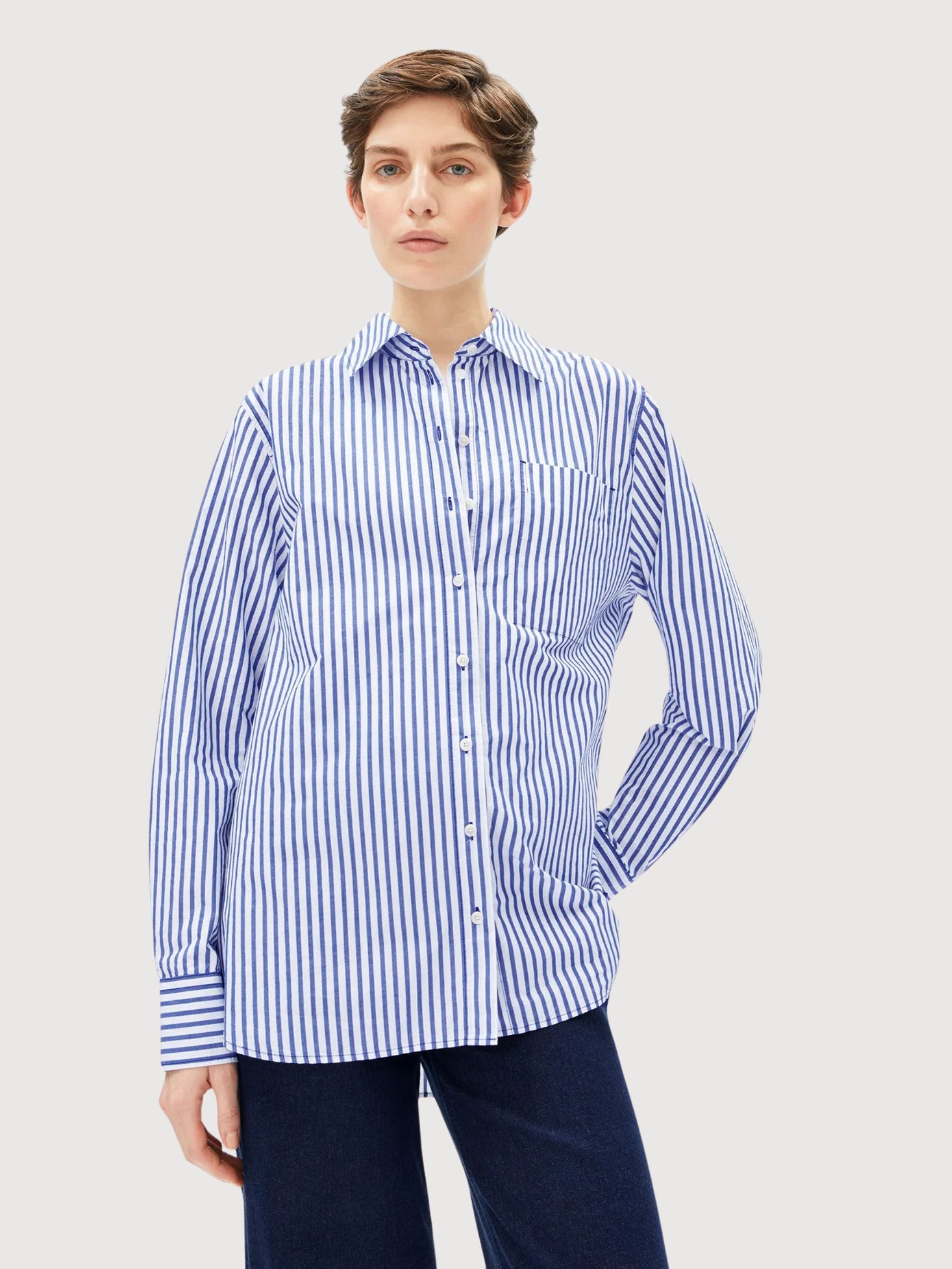 Shirt Stripe Loose White Dynamo Blue | Armedangels