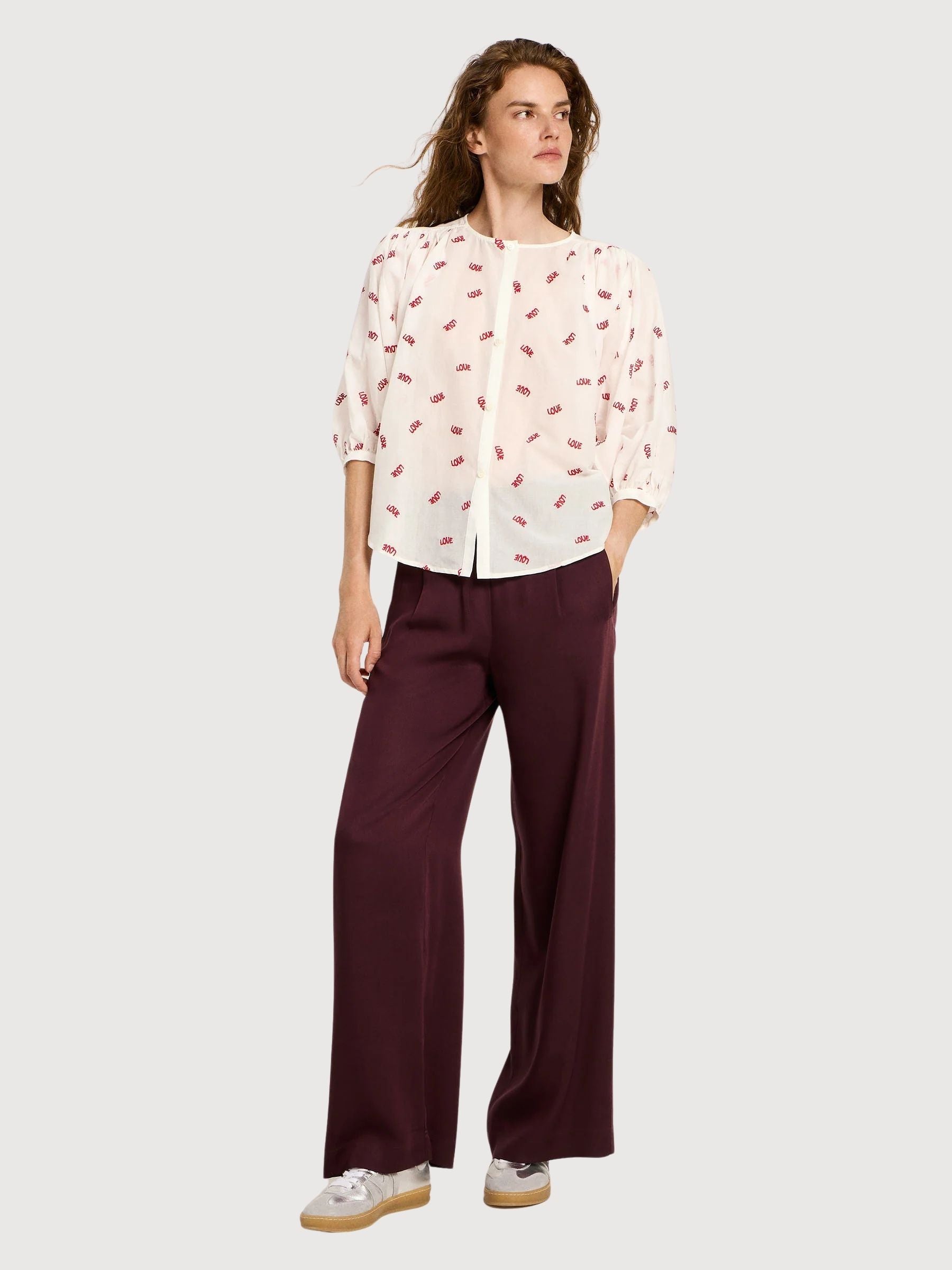 Blouse with embroidery and ruffles Off white/ Love | Lanius