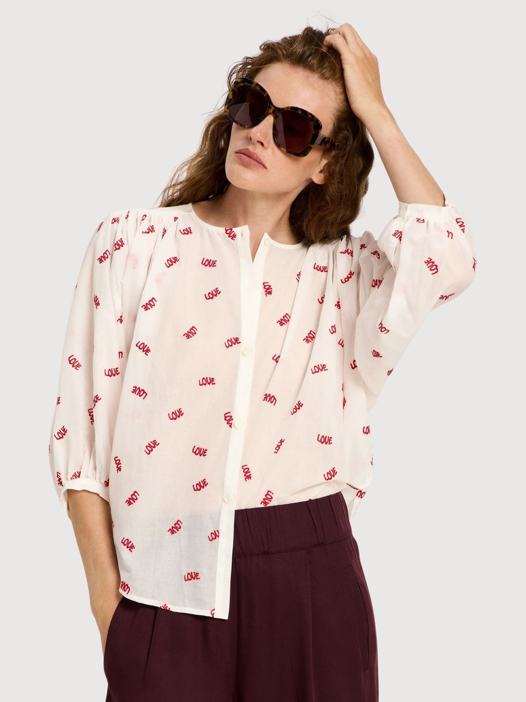 Blouse with embroidery and ruffles Off white/ Love | Lanius