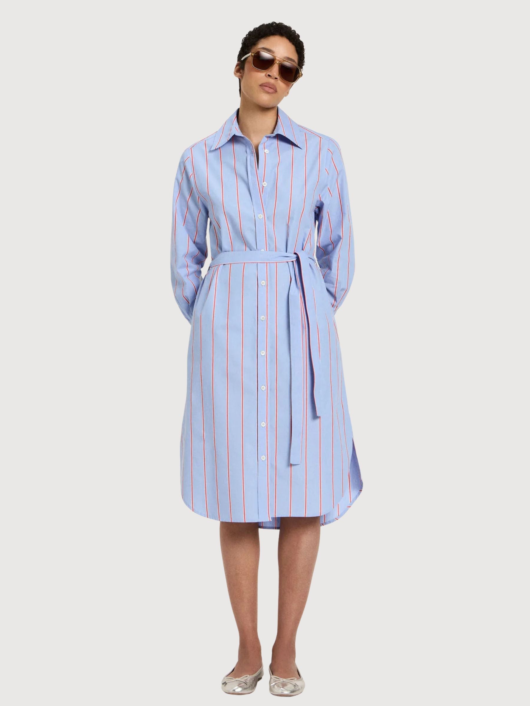 Dress Midi Striped Blue/Lava Red Cotton | Lanius