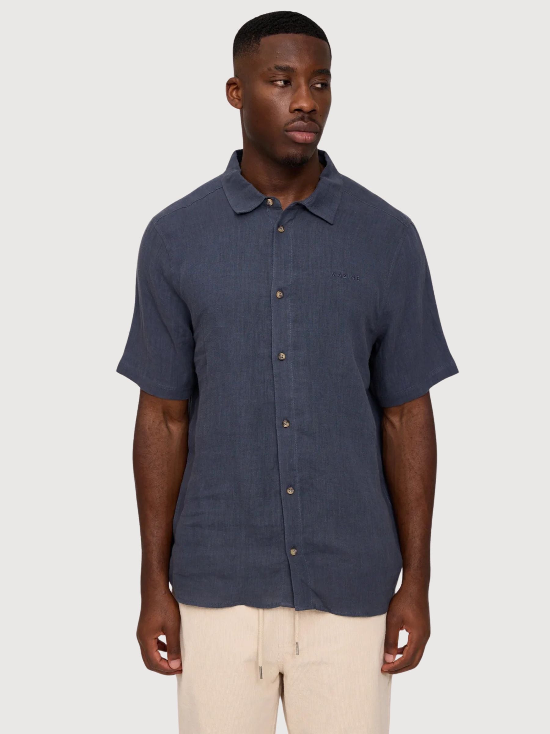 Camicia da uomo a maniche corte in lino blu inchiostro | Mazine