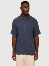 Camicia da uomo a maniche corte in lino blu inchiostro | Mazine