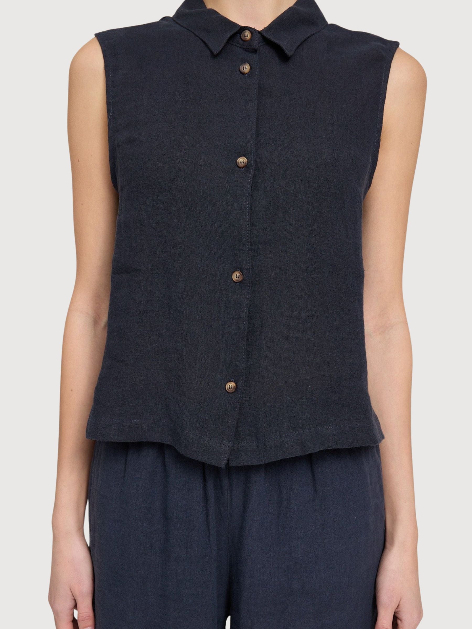 Camicia senza maniche da donna in lino blu inchiostro | Mazine
