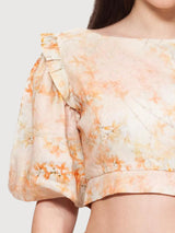 Amaranth Orange Blumen Puff Crop Top Leinen | Balaquin