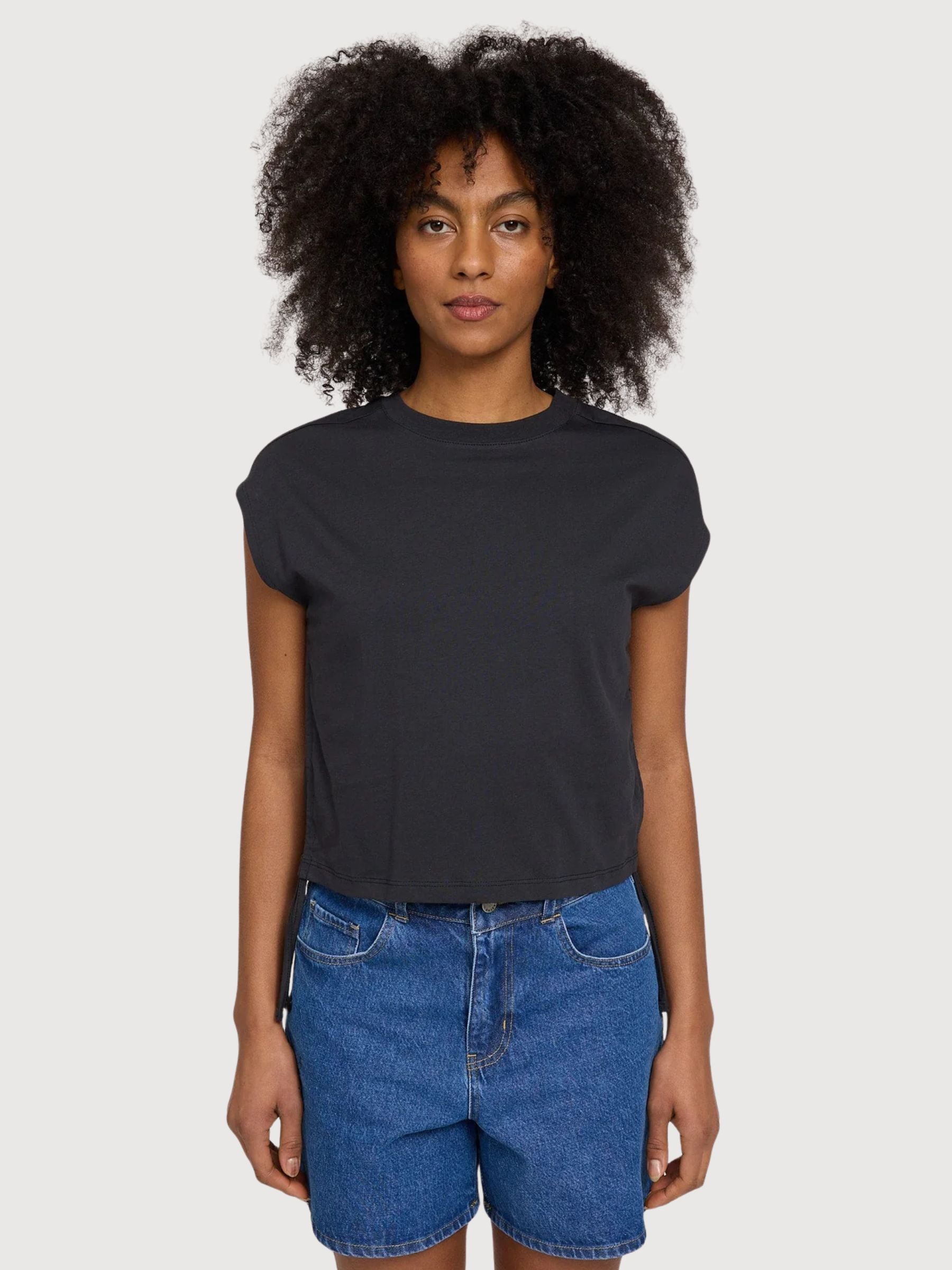 T-shirt da donna con dettaglio cravatta, cotone antracite | Mazine