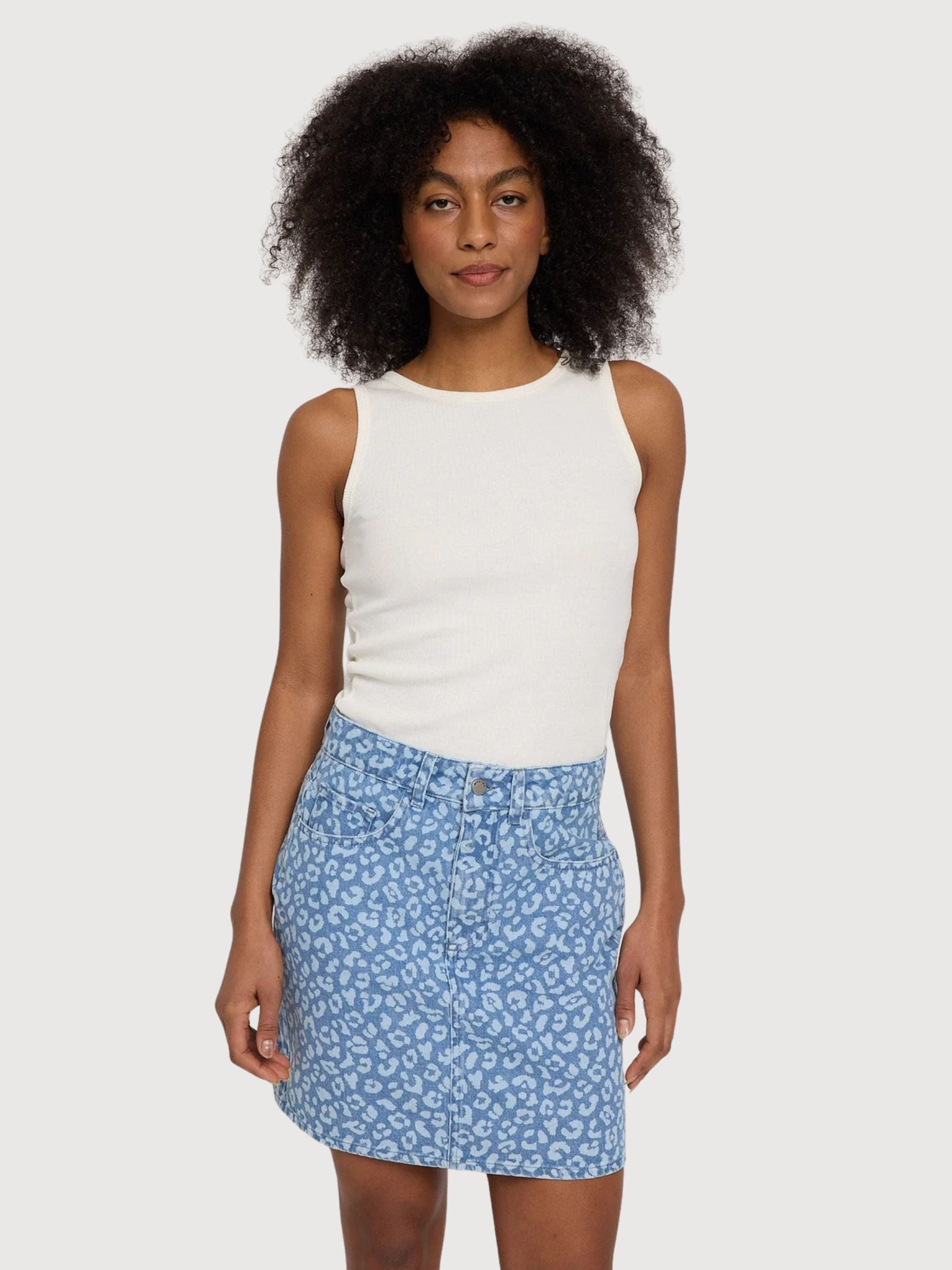 Minigonna in denim stampato azzurro chiaro | Mazine