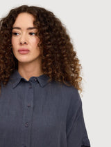 Camicia da donna a maniche corte in lino blu inchiostro | Mazine