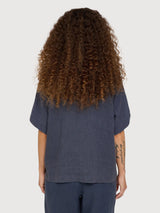 Camicia da donna a maniche corte in lino blu inchiostro | Mazine
