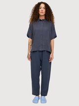Camicia da donna a maniche corte in lino blu inchiostro | Mazine