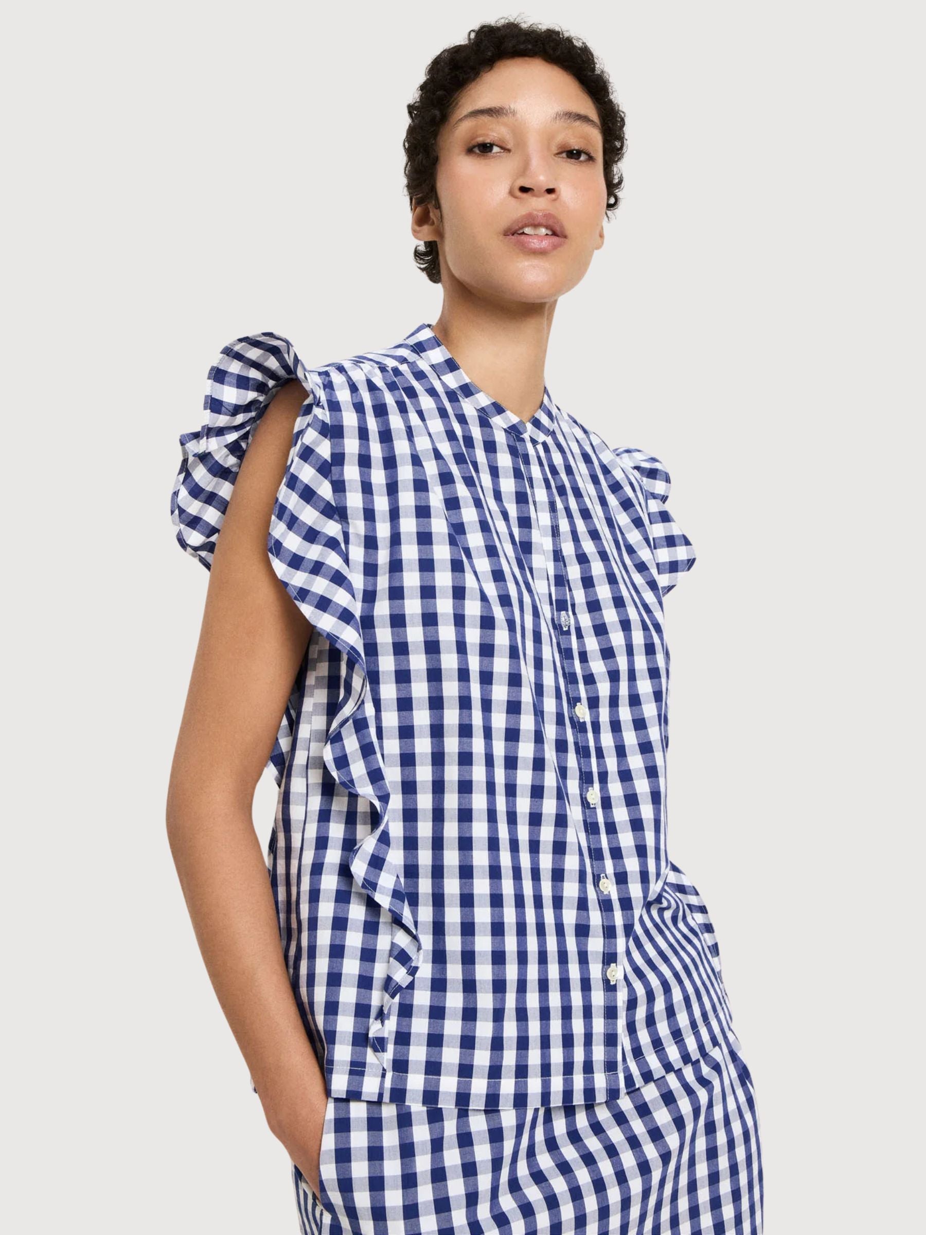 Camicetta in cotone a quadri Vichy blu/bianco | Lanius