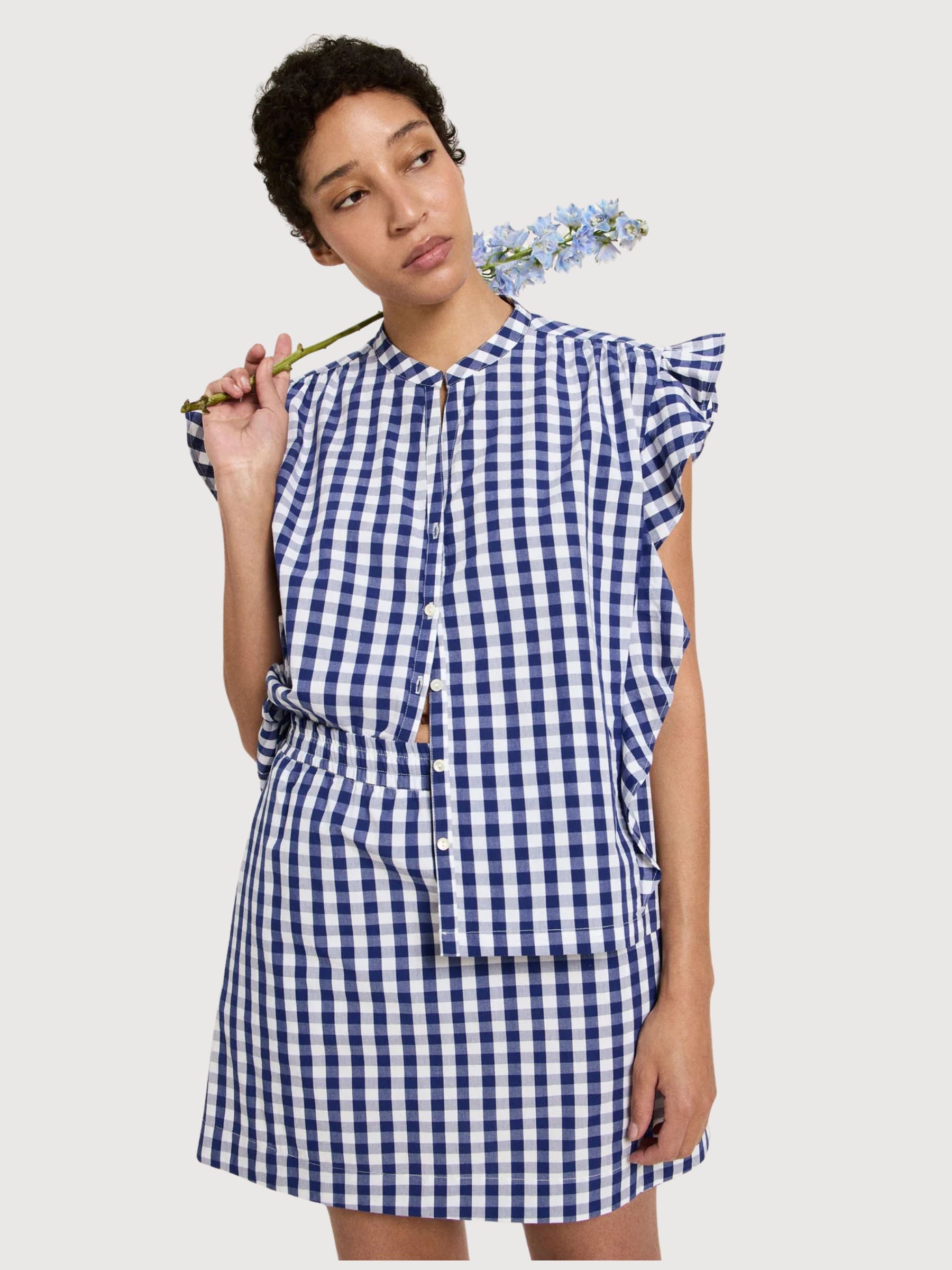 Camicetta in cotone a quadri Vichy blu/bianco | Lanius