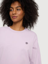 Felpa da donna con stampa sul retro, colore lilla/palma | Mazine