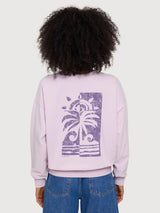 Felpa da donna con stampa sul retro, colore lilla/palma | Mazine