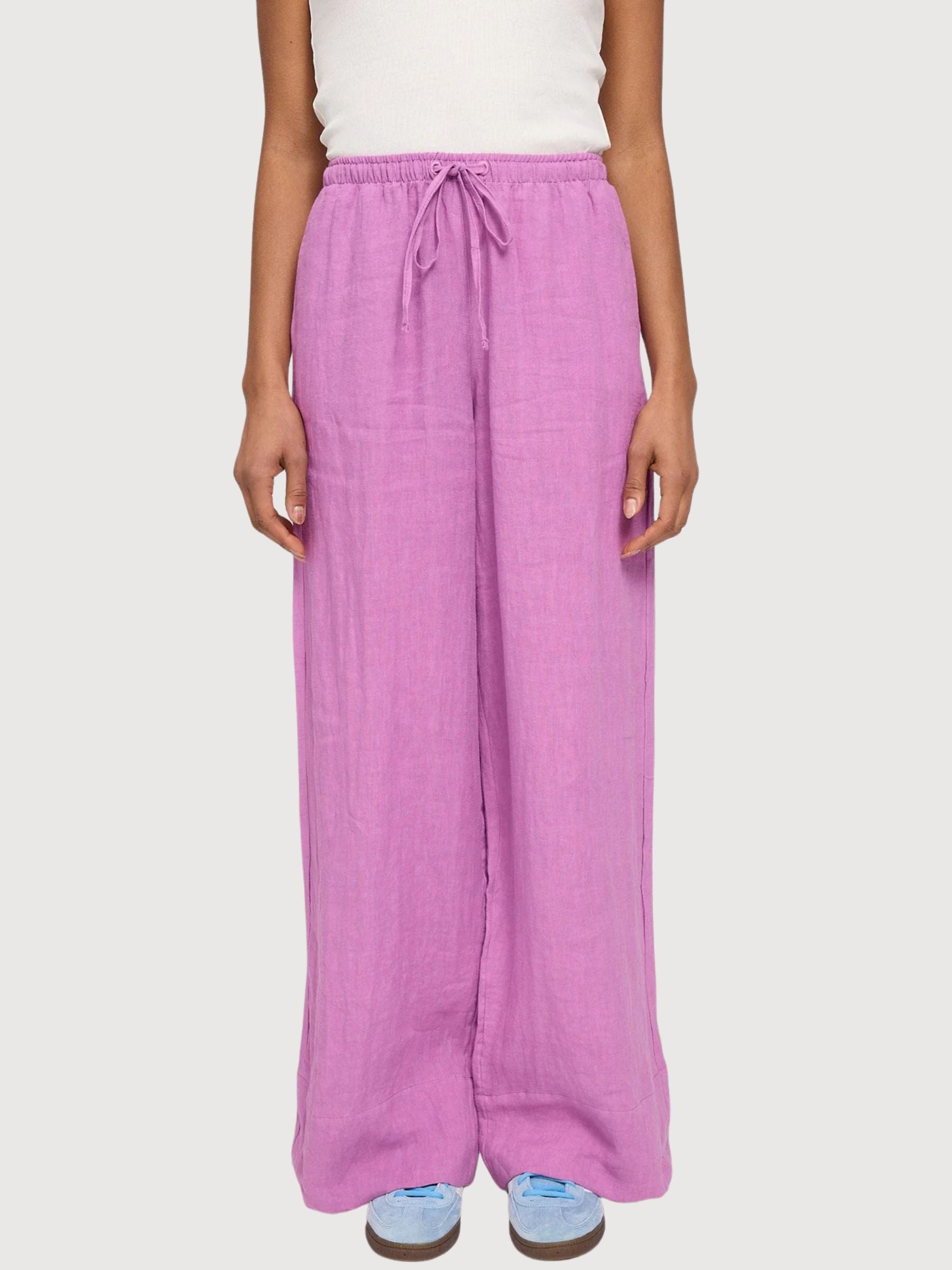 Pantaloni da donna in lino con coulisse, viola e rosa | Mazine