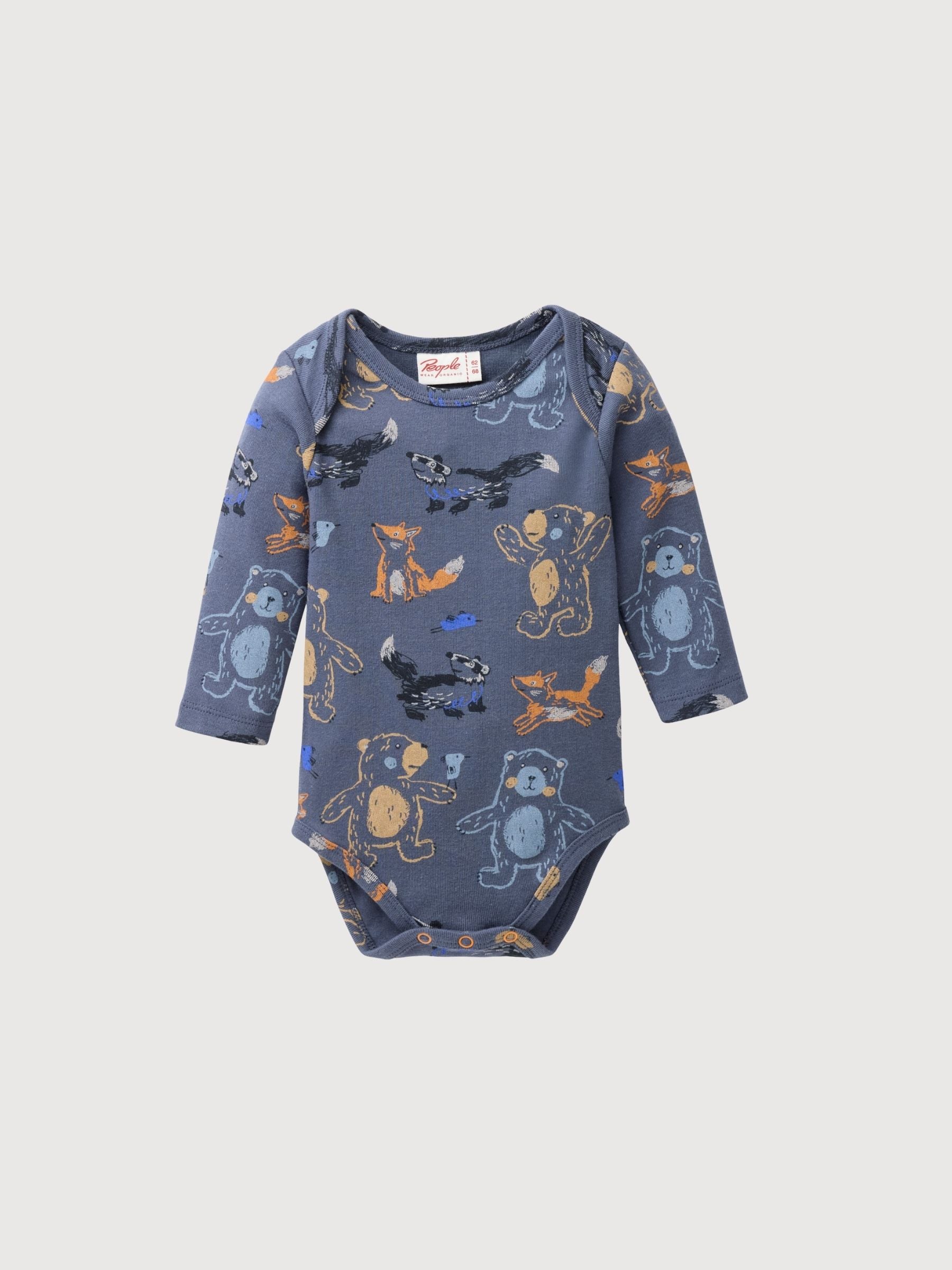 Long-sleeved bodysuit GOTS Indigo blue AOP Forest animals | People Wear Organic