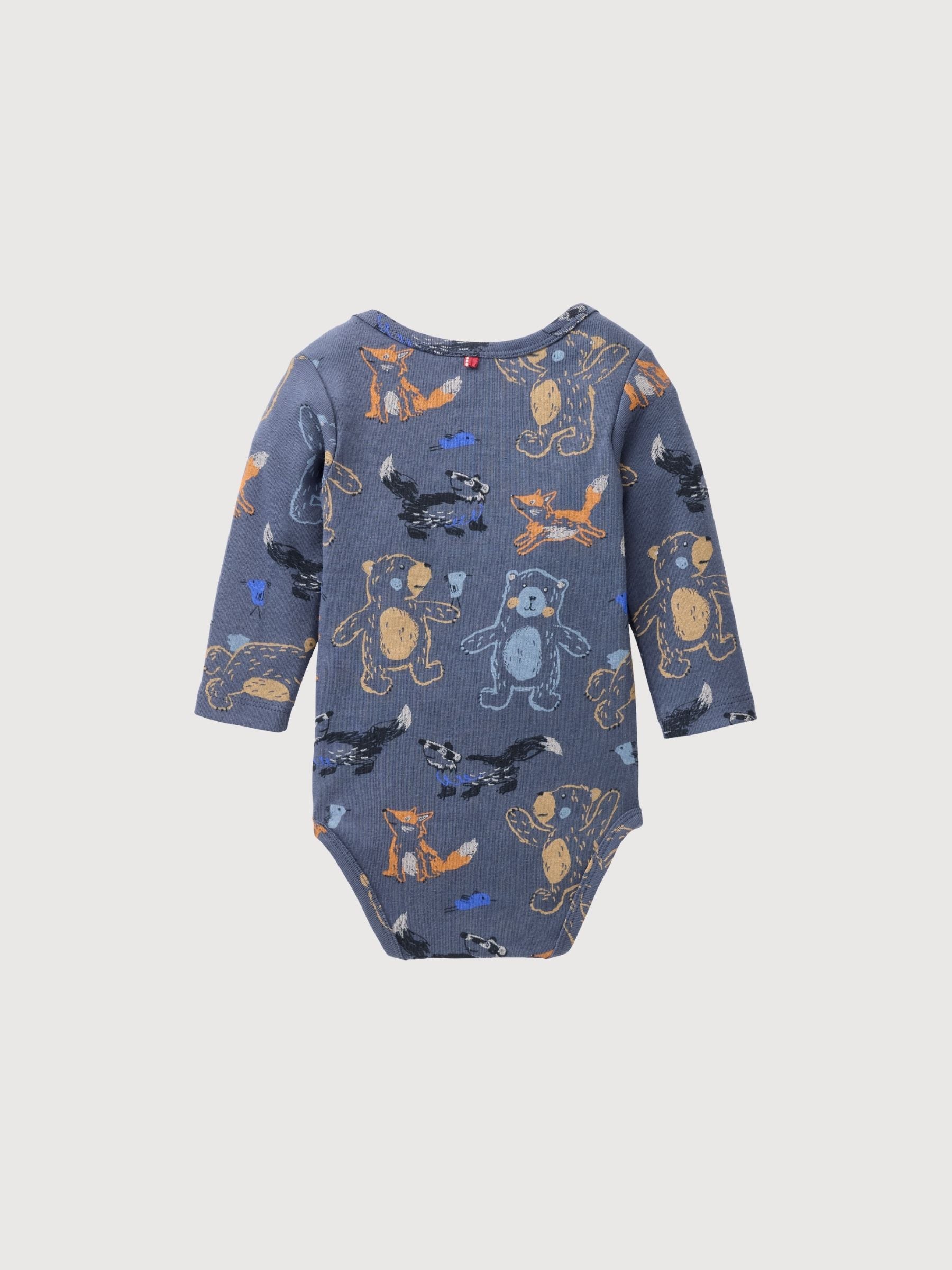 Long-sleeved bodysuit GOTS Indigo blue AOP Forest animals | People Wear Organic
