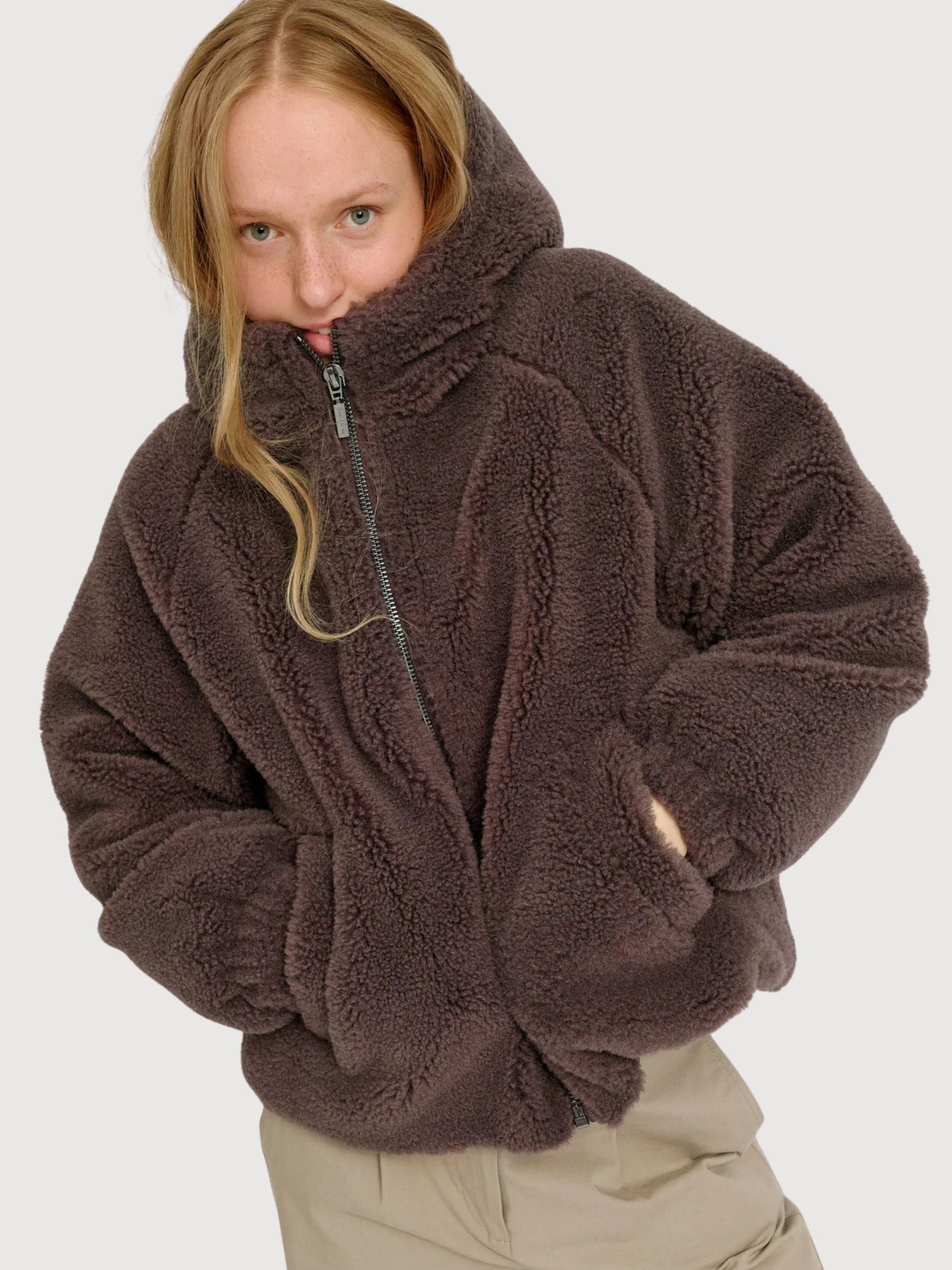 Giacca Fax Pelliccia Cappuccio Viola Scuro Donna | Mazine