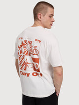 T-Shirt „Freier Tag“ mit Rückendruck in Offwhite/Orange | Mazine