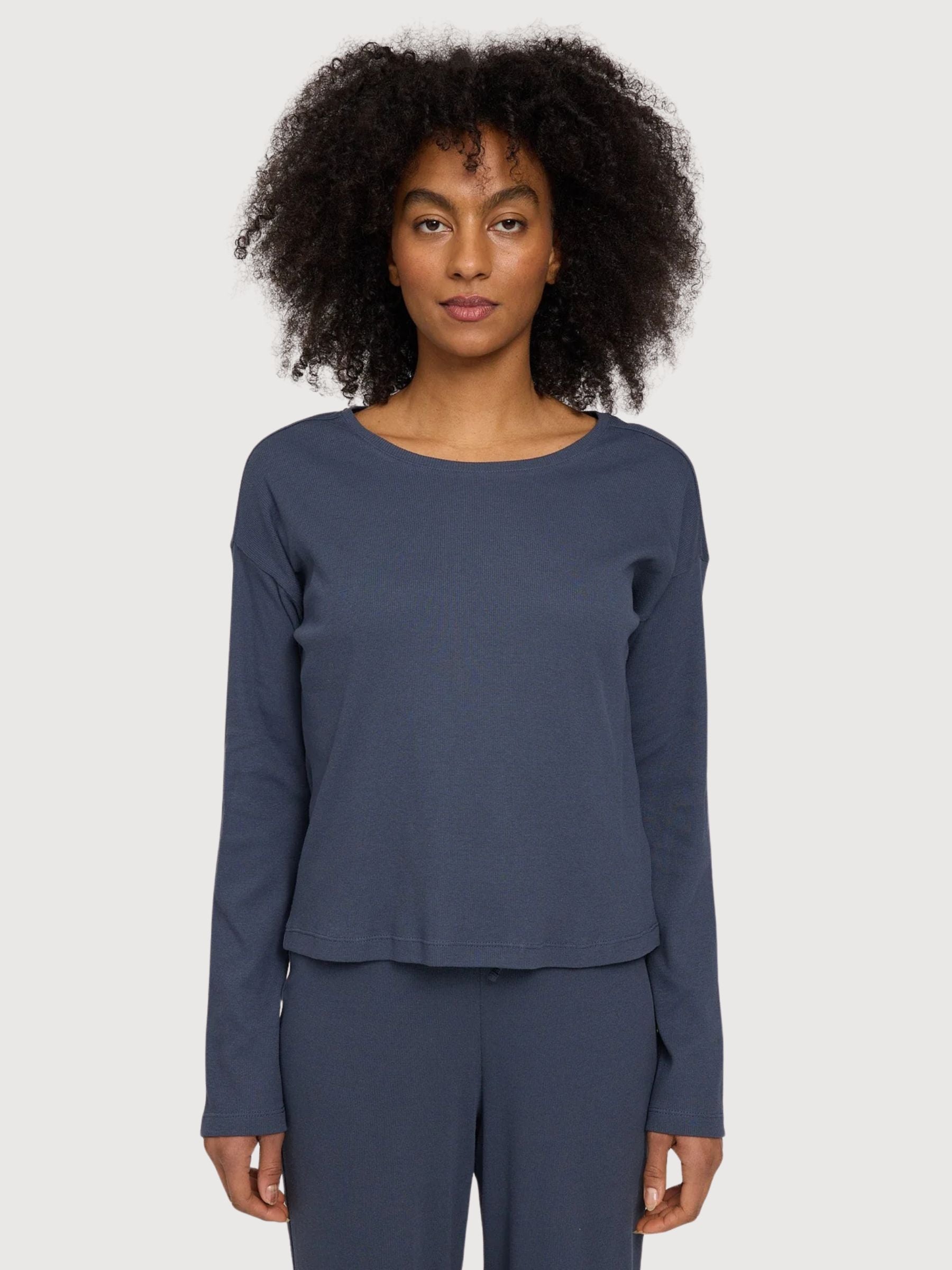 Maglia a maniche lunghe a righe e costine da donna blu | Mazine