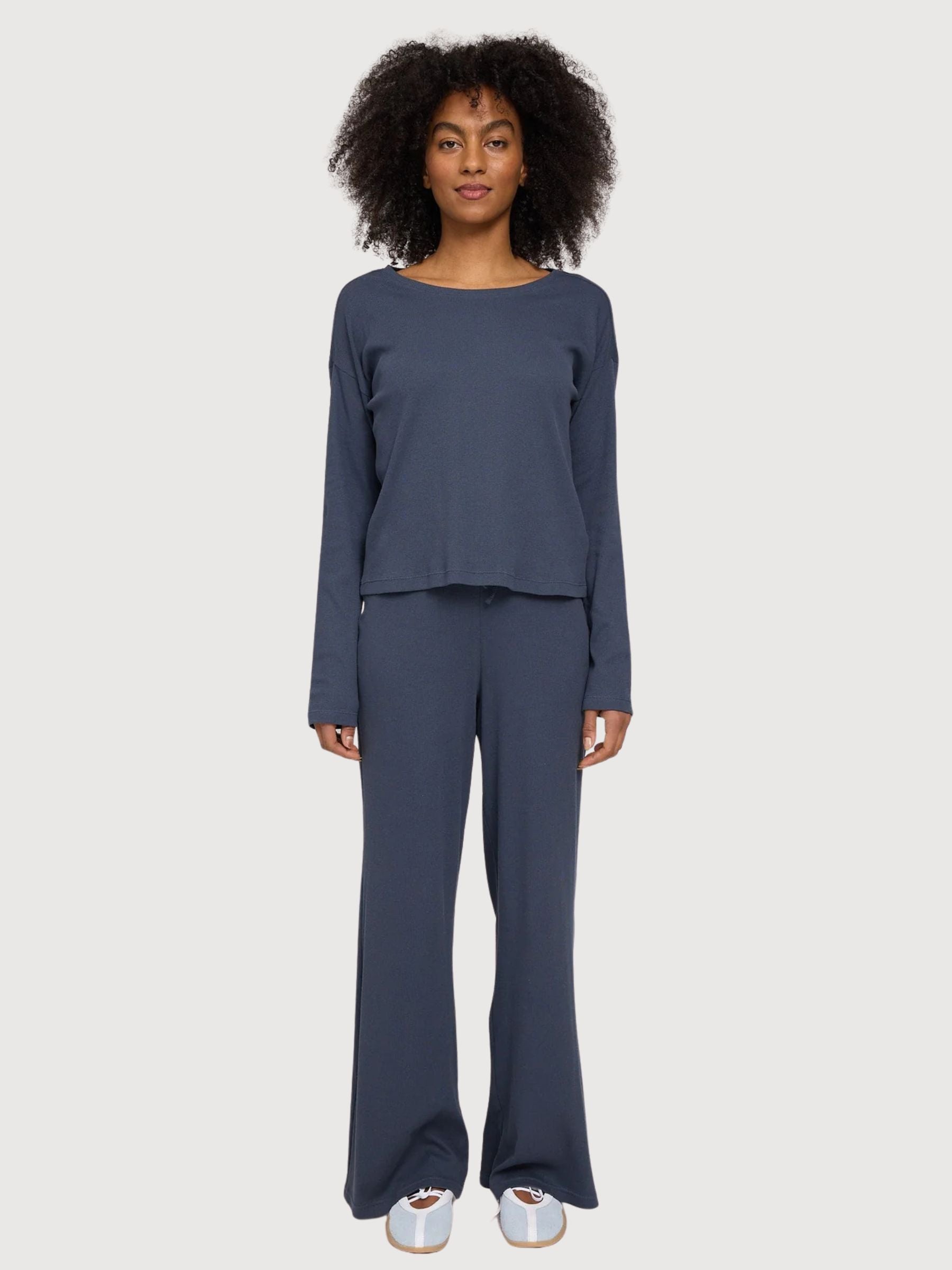 Maglia a maniche lunghe a righe e costine da donna blu | Mazine