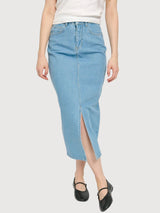Gonna lunga in denim di cotone azzurro chiaro | Mazine