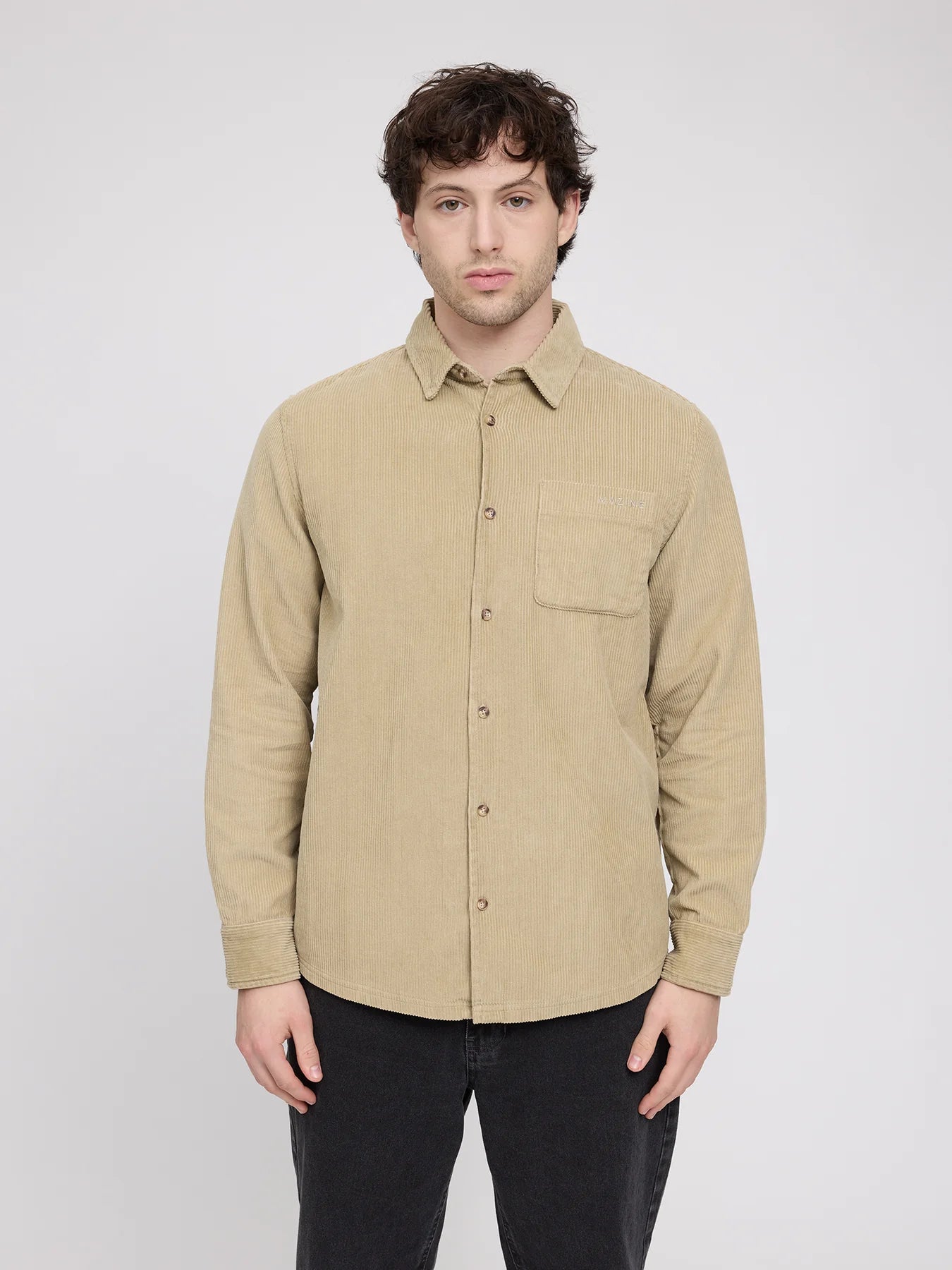 Camicia con Taschino in Velluto a Coste Color Cachi Chiaro | MAZINE