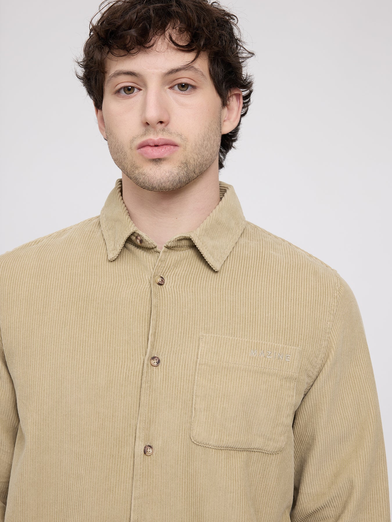 Camicia con Taschino in Velluto a Coste Color Cachi Chiaro | MAZINE