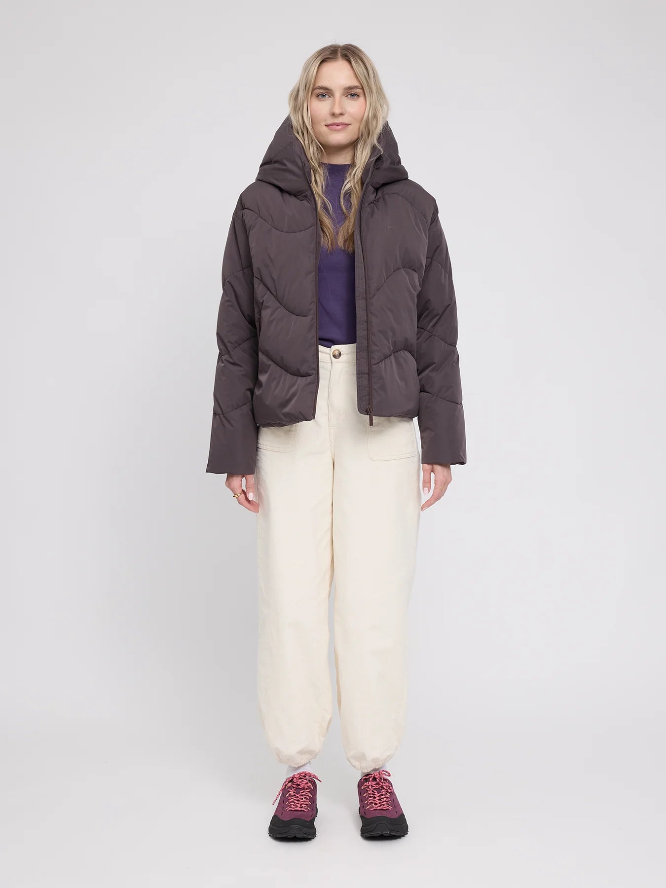 MAZINE Waves Quilt Short Puffer Jacket in eggplant color, featuring a quilted design and short length, displayed on a hanger.
