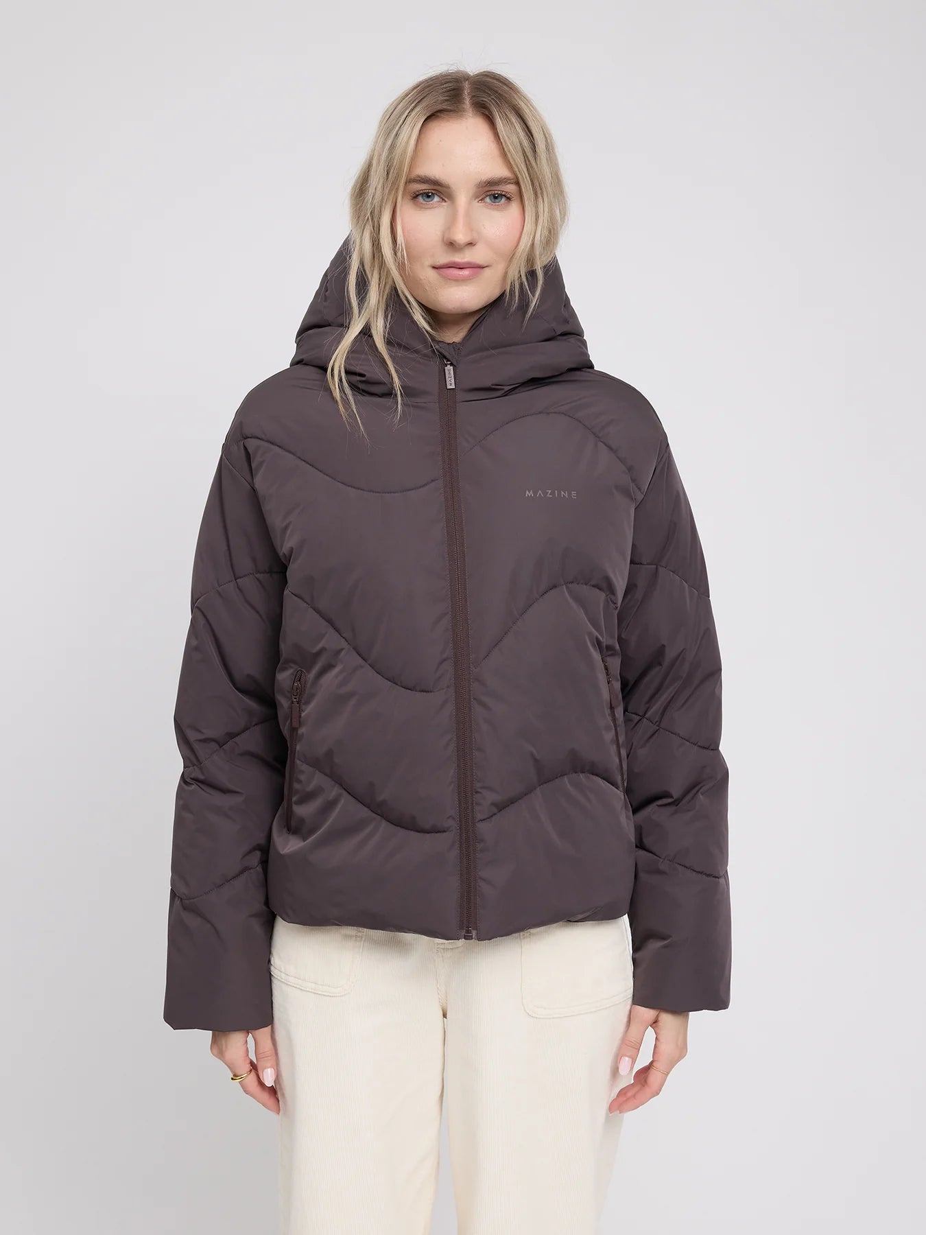 MAZINE Waves Quilt Short Puffer Jacket in eggplant color, featuring a quilted design and short puffer style, designed for cold weather.