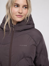MAZINE Waves Quilt Short Puffer Jacket in eggplant color, showcasing a lightweight, quilted puffer design with a stand collar.