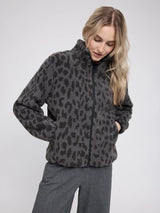 Grey printed Sherpa jacket by MAZINE featuring a cozy teddy fleece texture and stylish design.