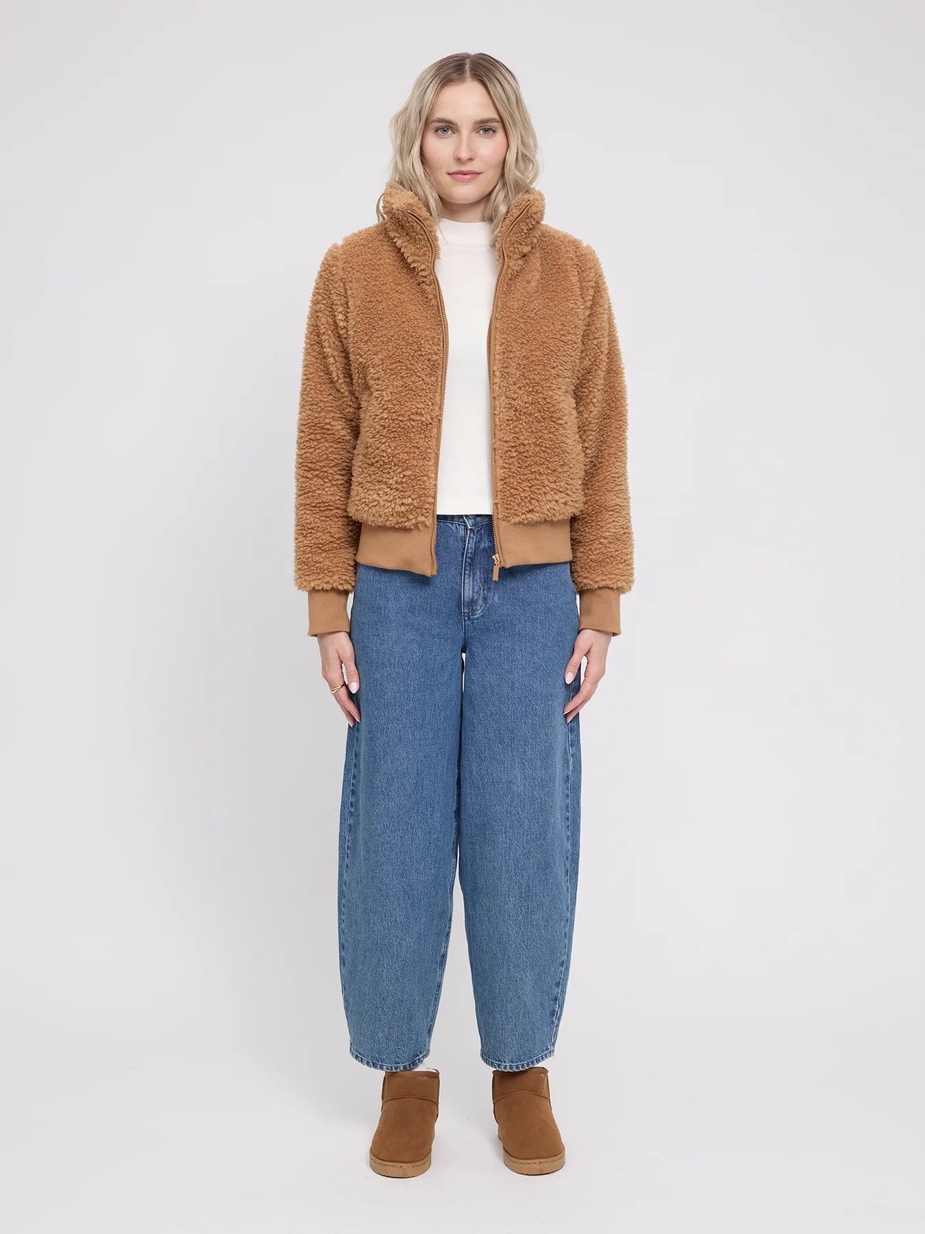 Brown faux-fur blouson jacket for women by MAZINE, featuring a cozy, stylish design with a relaxed fit and soft texture.