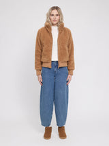 Brown faux-fur blouson jacket for women by MAZINE, featuring a cozy, stylish design with a relaxed fit and soft texture.