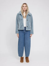Jacke mit Knopfleiste und Webpelz Eisblau Damen | MAZINE