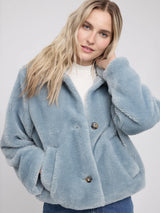 Jacke mit Knopfleiste und Webpelz Eisblau Damen | MAZINE