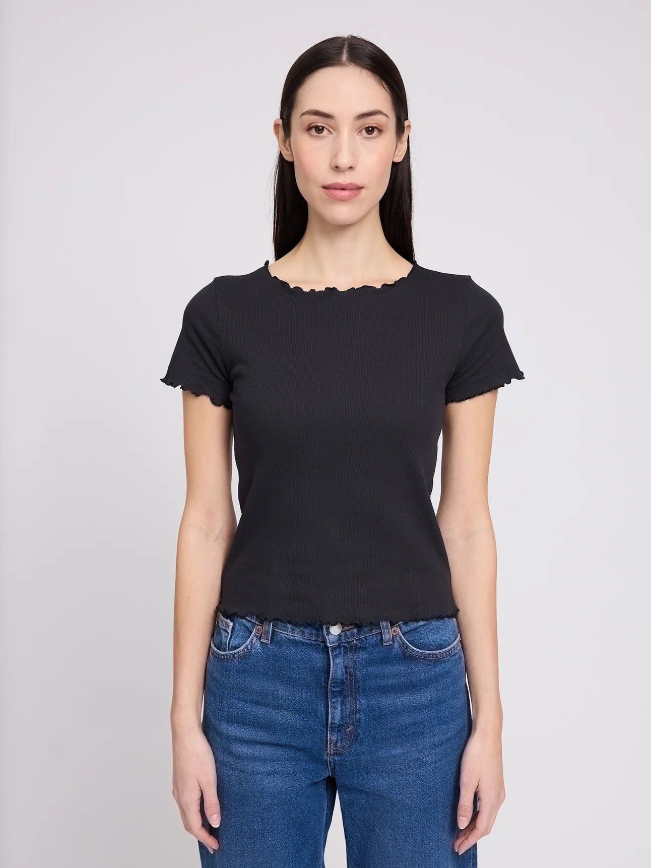 Black Babylock Hems T-shirt for women by MAZINE, made of soft cotton, shown flat with short sleeves and crew neck.