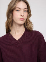 Burgundy chunky knit V-neck pullover by MAZINE, featuring a cozy, textured knit fabric and classic V-neck design.