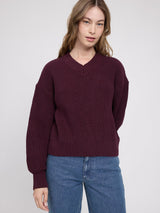 Burgundy chunky knit V-neck pullover by MAZINE, featuring a cozy, textured knit pattern and a relaxed fit.