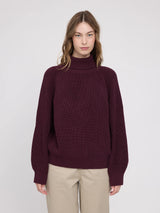 MAZINE burgundy chunky knit pullover with turtle neck, cozy and stylish sweater for cold weather.