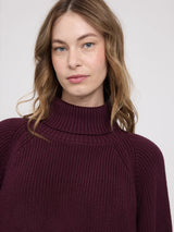 MAZINE chunky burgundy turtle neck pullover with thick knit texture and ribbed collar, displayed on a neutral background.