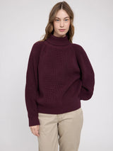 MAZINE chunky knit burgundy turtle neck pullover featuring a cozy, oversized design and ribbed collar.
