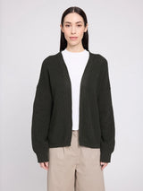 Olive green MAZINE V-neck cotton cardigan pullover with knit texture and long sleeves, displayed on a hanger.