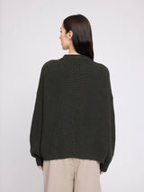 Olive green MAZINE V-neck cotton cardigan pullover with knit texture, long sleeves, and button front.