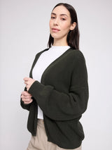 Olive green MAZINE V-neck cotton cardigan pullover with knit texture, displayed on a plain background.