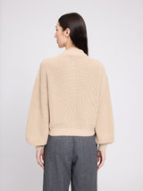 Light beige MAZINE cotton crew neck cardigan pullover with knit texture, displayed flat on a neutral background.
