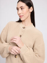 Light beige MAZINE crew neck cotton cardigan pullover with knit texture, displayed flat on a neutral background.