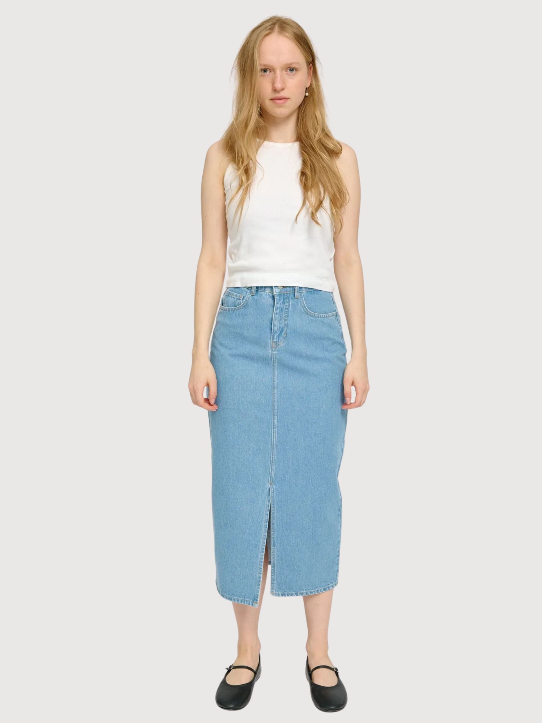 Gonna lunga in denim di cotone azzurro chiaro | Mazine